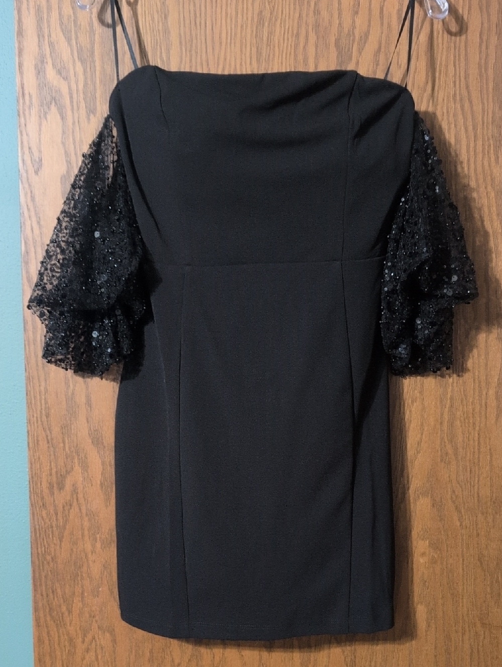 Dainty Hooligan Black Off-Shoulder Dress with Sequin Flutter Sleeves